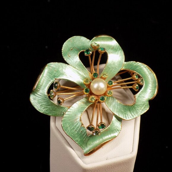 Vintage Weiss Brooch Floral Green Enamel Rhinestone Pearl Gold-tone - Picture 12 of 12